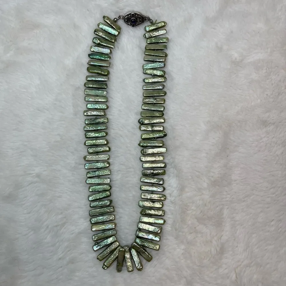 Freshwater Pearl Necklace Pale Green Rectangular Baroque Pearls